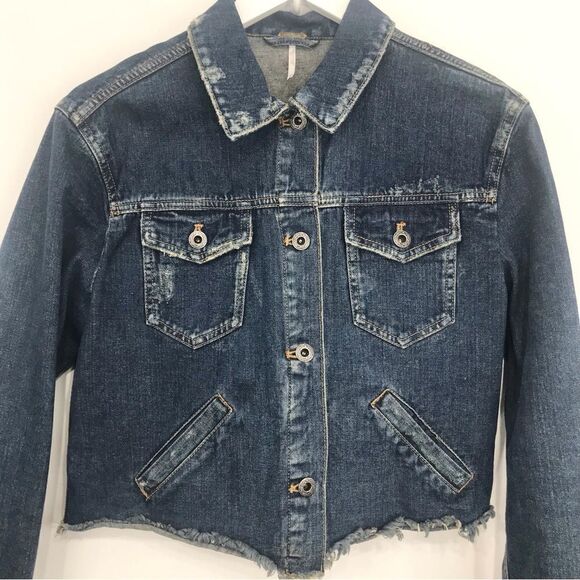 Free People Blue Cotton Denim Factory Distressed Button Crop Jacket - Picture 5 of 16